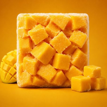 Mango Gelbe Mango-Würfel auf einem orangefarbenen Hintergrund.